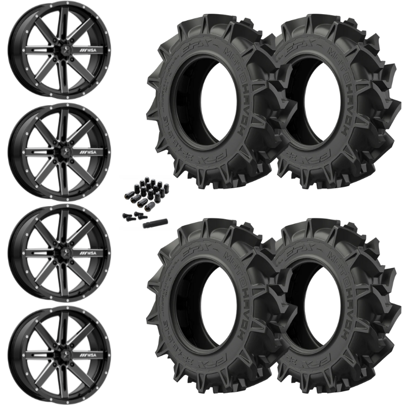 14" MSA Boxer M41 Black Milled UTV Rims & 28" EFX MotoHavok Tires 6 Ply Mounted