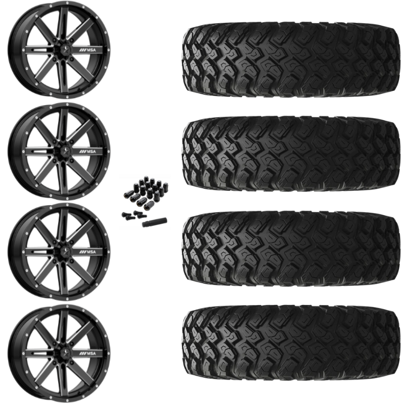 15" MSA Boxer M41 Black Milled UTV Rims & 30" EFX MotoRally Tires 8 Ply Mounted