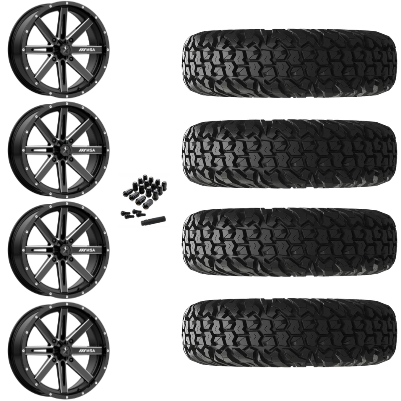 18" MSA Boxer M41 Black Milled UTV Rims & 34" EFX MotoVator Tires 8 Ply Mounted