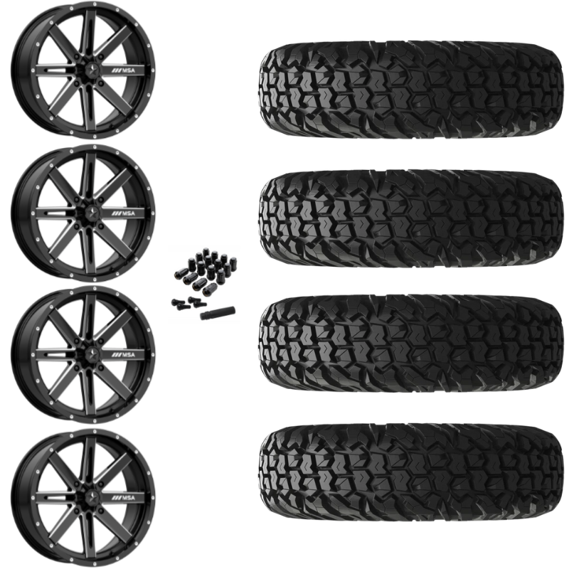 16" MSA Boxer M41 Black Milled UTV Rims & 30" EFX MotoVator Tires 8 Ply Mounted