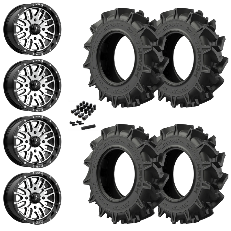 22" MSA Brute M38 Black Machined UTV Rims & 35" EFX MotoHavok Tires 6 Ply Mounted