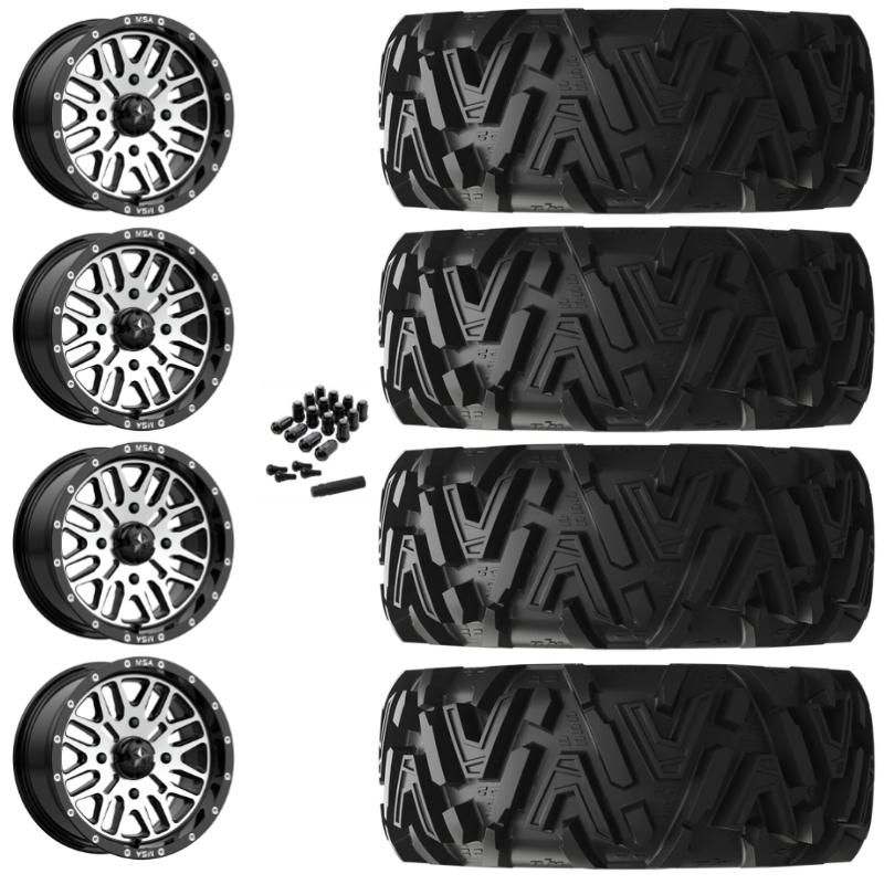 14" MSA Brute M38 Black Machined UTV Rims & 28" EFX MotoMTC Tires 6 Ply Mounted