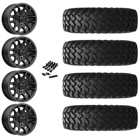 14" MSA Fang M43 Black UTV Rims & 28" EFX MotoRally Tires 8 Ply Mounted