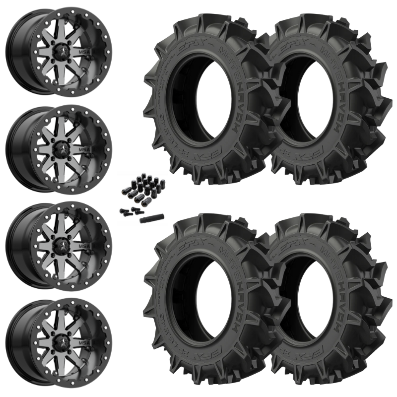 14" MSA Lok M21 Beadlock Charcoal UTV Rims & 28" EFX MotoHavok Tires 6 Ply Mounted