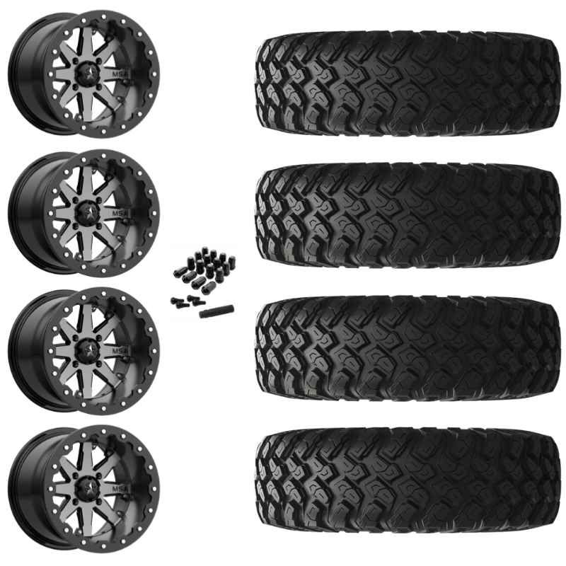 15" MSA Lok M21 Beadlock Charcoal UTV Rims & 28" EFX MotoRally Tires 8 Ply Mounted