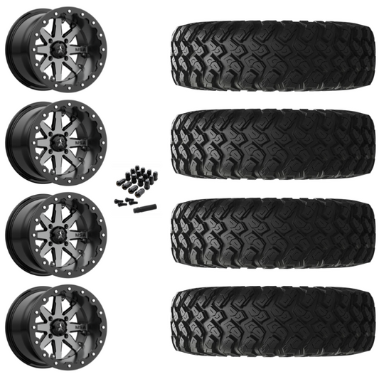 15" MSA Lok M21 Beadlock Charcoal UTV Rims & 28" EFX MotoRally Tires 8 Ply Mounted