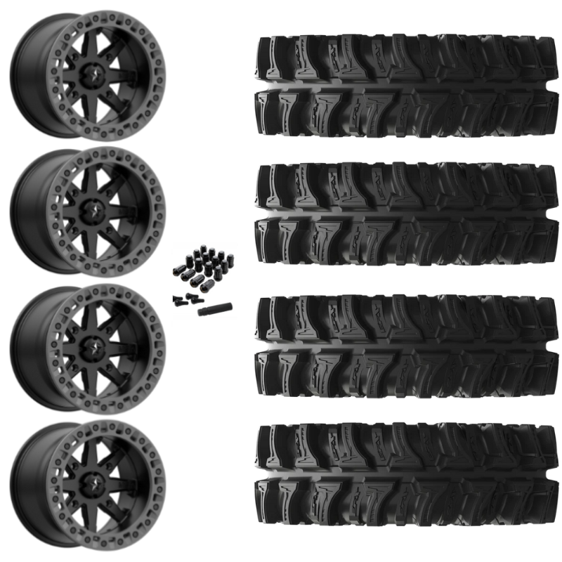 14" MSA Lok2 M31 Beadlock Black & Gray Ring UTV Rims & 28" EFX MotoSlayer Tires 6 Ply Mounted