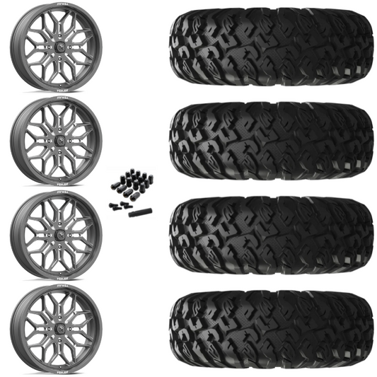 18" MSA Sniper M47 Gun Metal Milled UTV Rims & 33" EFX MotoClaw Tires 8 Ply Mounted