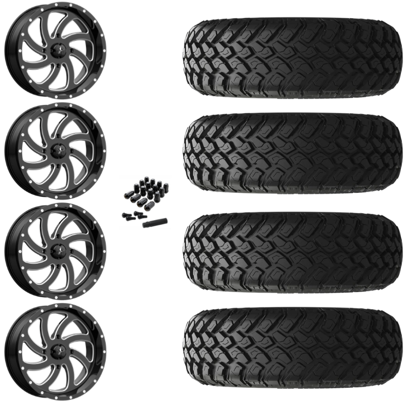 20" MSA Switch M36 Black Milled UTV Rims & 34" EFX MotoHammer Tires 8 Ply Mounted