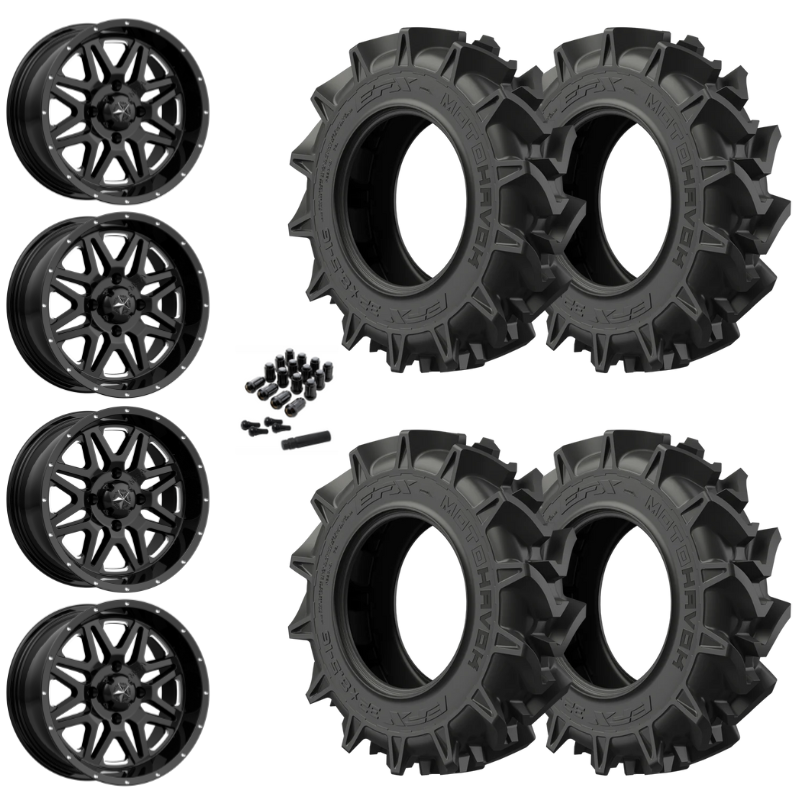 18" MSA Vibe M26 Black Milled UTV Rims & 34" EFX MotoHavok Tires 6 Ply Mounted