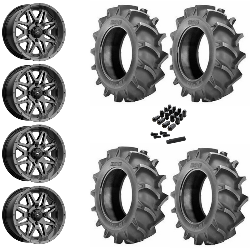 14" MSA Vibe M26 Dark Tint UTV Rims & 30" BKT TR171 Tires 6 Ply Mounted