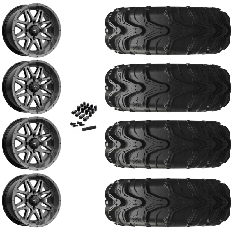 14" MSA Vibe M26 Dark Tint UTV Rims & 27" EFX MotoMax Tires 6 Ply Mounted