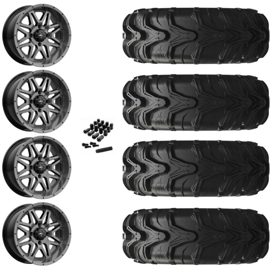 14" MSA Vibe M26 Dark Tint UTV Rims & 27" EFX MotoMax Tires 6 Ply Mounted